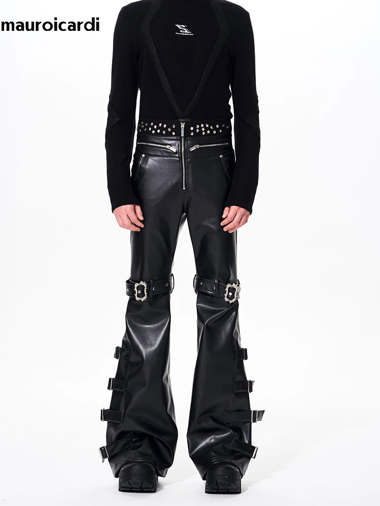 Mauroicardi Spring Autumn Cool Handsome Long Black Pu Leather Flare Pants for Men Rivet Luxury Designer Alternative Emo Clothes