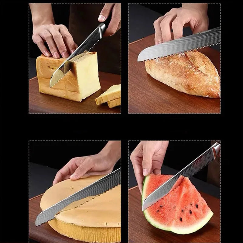 Japanese Laser Damascus Chef Knives Set Cleaver Santoku Boning Knife Multi-purpose Fruit Bread Meat Slicing BBQ Kitchen Cutlery