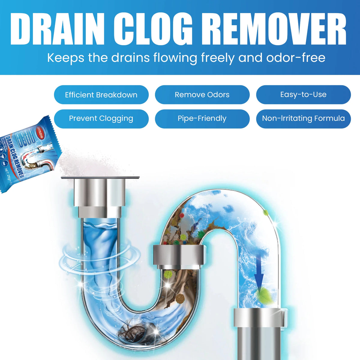 6 Pack 184g Fast Acting Drain Cleaner Powder Kitchen Sink and Toilet Pipe Unclogger Hair and Grease Remover Odor Eliminator