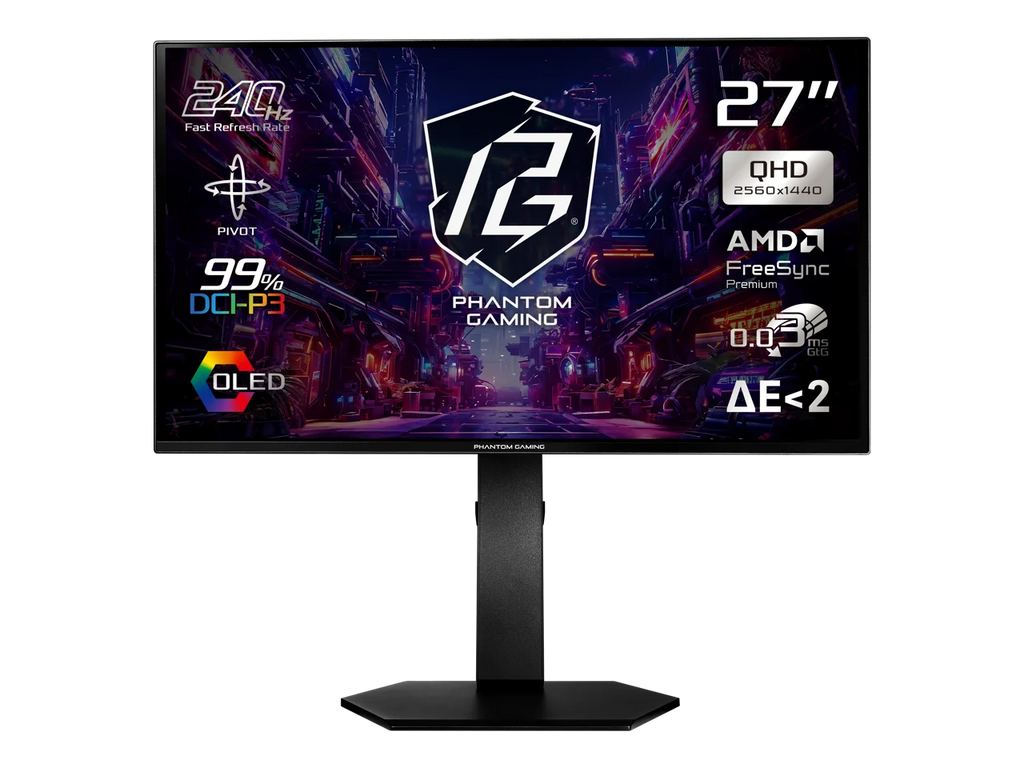 ASRock Phantom Gaming  27 inch QHD 2K 1440P 240Hz AMD FreeSync Premium 0.03ms HDR10 OLED Gaming Computer Monitor with Height Adjustable, Swivel, Pivot & Tilt Stand PGO27QSA