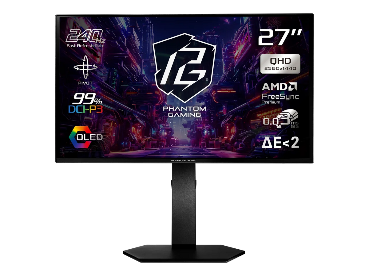 ASRock Phantom Gaming  27 inch QHD 2K 1440P 240Hz AMD FreeSync Premium 0.03ms HDR10 OLED Gaming Computer Monitor with Height Adjustable, Swivel, Pivot & Tilt Stand PGO27QSA