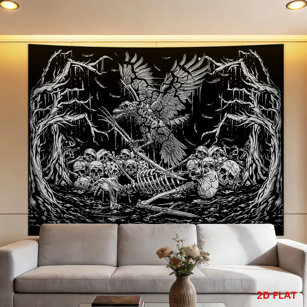 Gothic Skeleton Tapestry Wall Hanging Halloween Spooky Dark Academia Macabre Raven Skull Polyester Backdrop Decoration