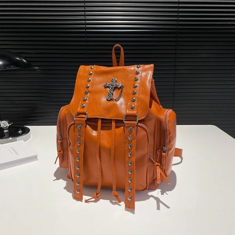 Rivet Y2K Backpack Women Gothic Punk PU Leather Shoulder Bag Ladies Vintage Harajuku Backpacks College Large Capacity School Bag
