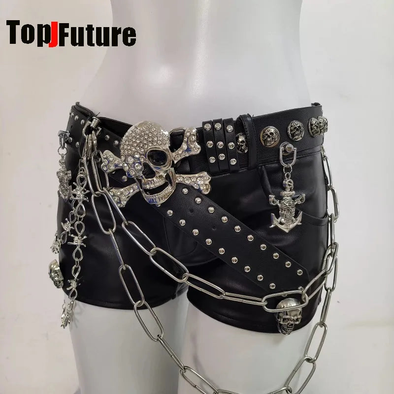 Y2K Spicy Girl Gothic Dark Punk Subculture PU Leather Shorts With Skull Chain Rivet Decor Niche Alternative Fashion Streetwear