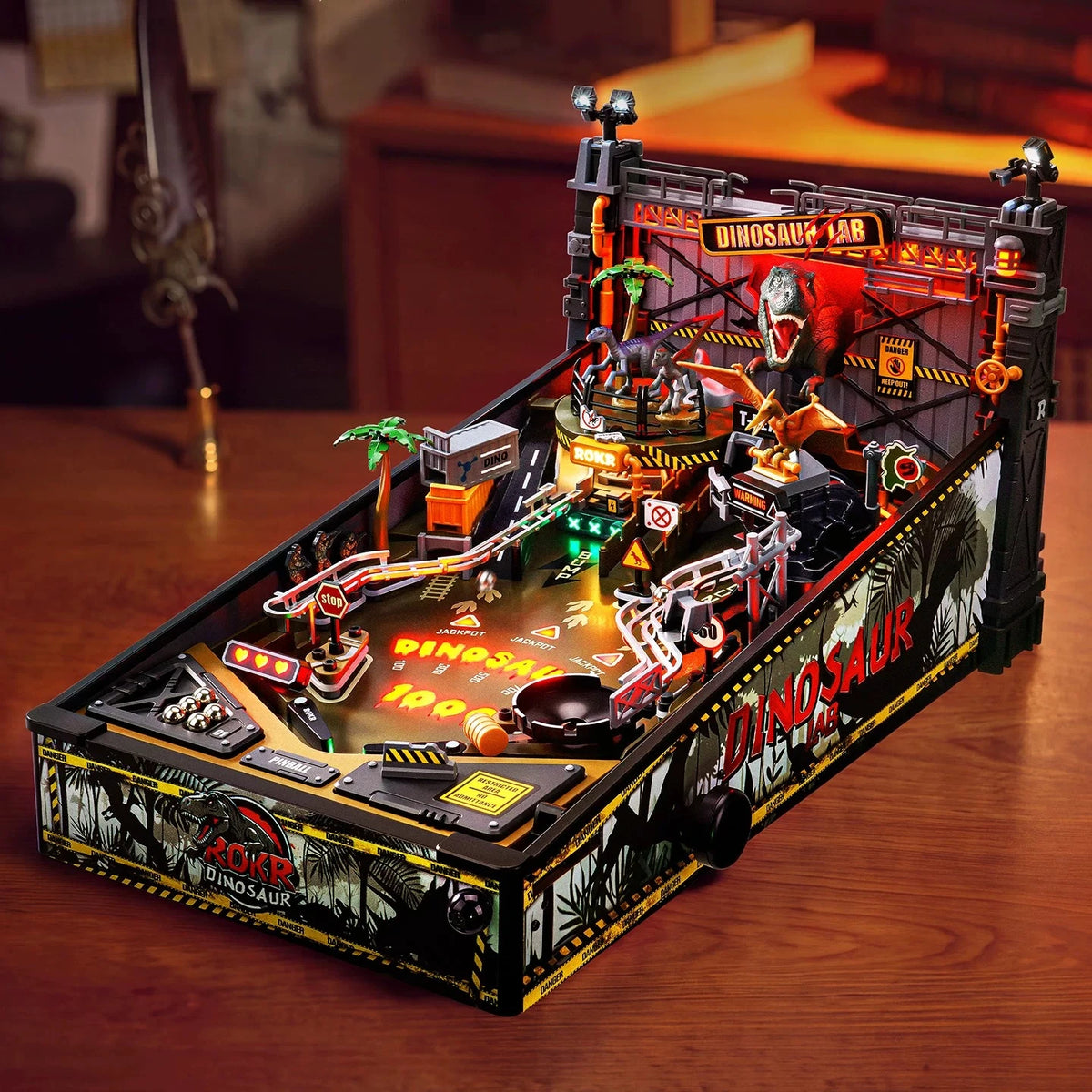 New Dinosaur Lab 3D Pinball DIY Building Blocks Kit MGPO1 LED Light Board Game Diorama Model 3D Assembly Dollhouse Birthday Gift