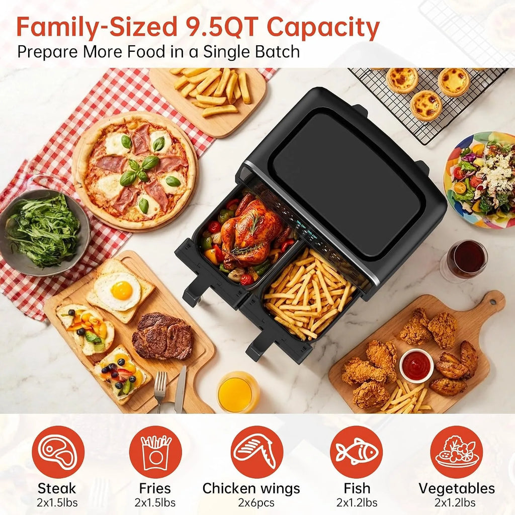 Deli 9.5QT Dual Basket Air Fryer 7-in-1 with 2 Ceramic Independent Baskets Smart Finish Digital Touchscreen for Easy Meal