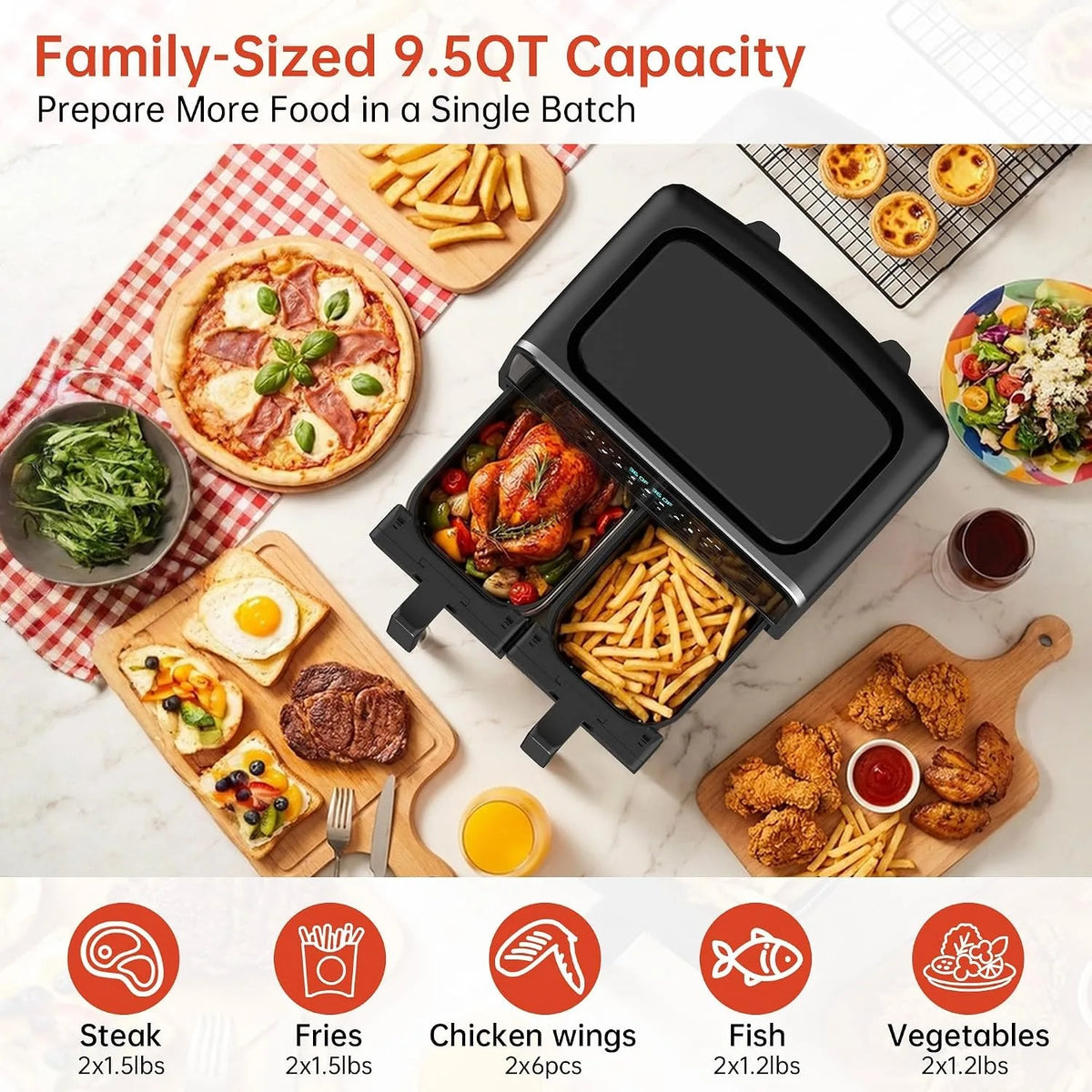 Deli 9.5QT Dual Basket Air Fryer 7-in-1 with 2 Ceramic Independent Baskets Smart Finish Digital Touchscreen for Easy Meal