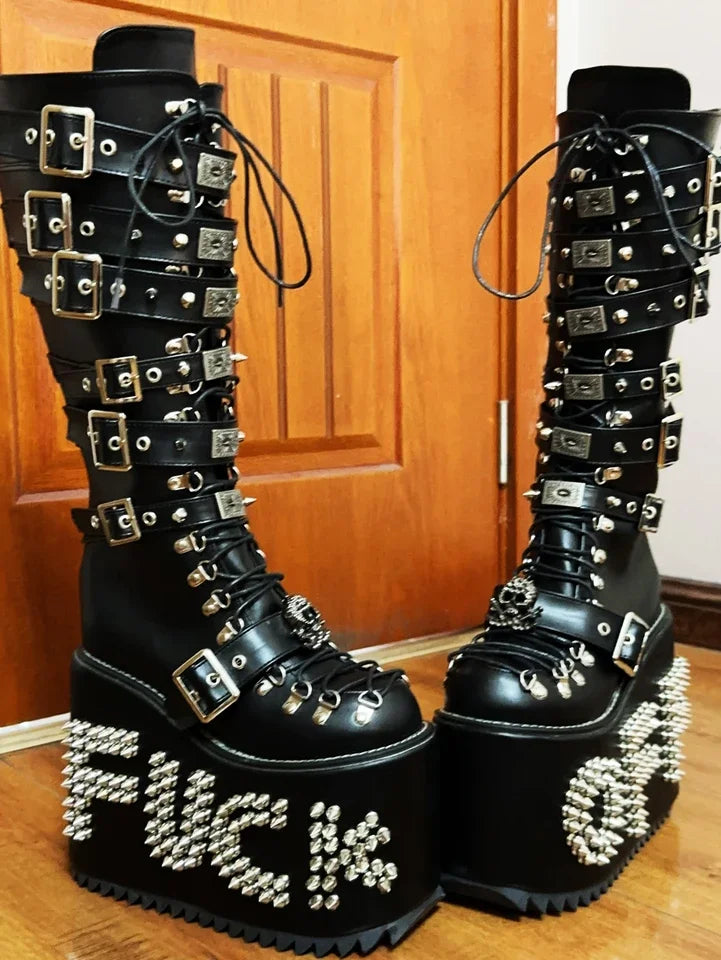 Punk Platform Studded Stage Boots 2025 New Street Rock Lace-Up Wedge Motorcycle Boots Fashion Cool Girl Party Casual Long Boots