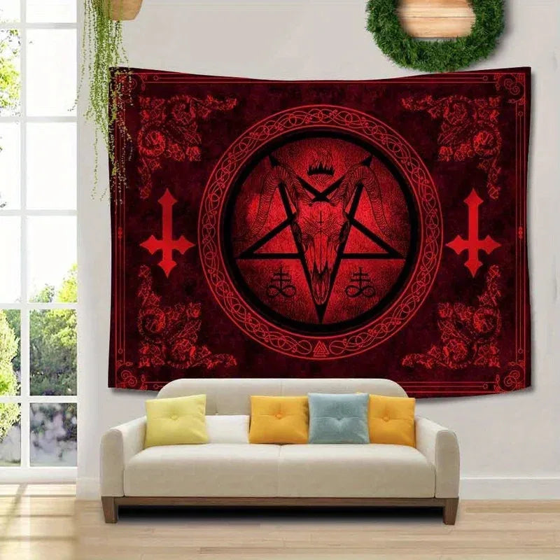 VIKAMA Baphomet Goat Head Tapestry, suitable for altar decoration. Ideal for living room or mystical bar decor.