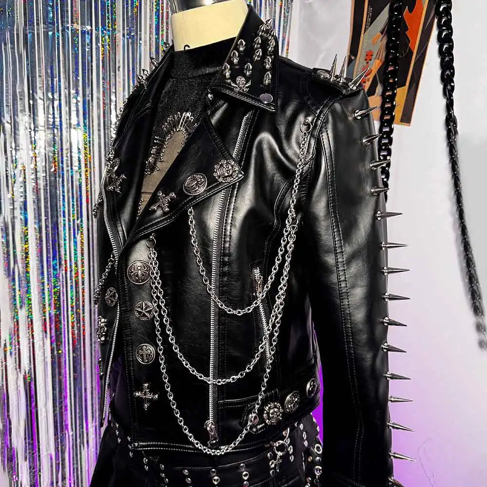 Gothic E-Girls Skull PU Leather Jacket Y2K Trendy Punk Rock Harajuku Chain Cross Street Wear Digital Glitch Core Club Goth