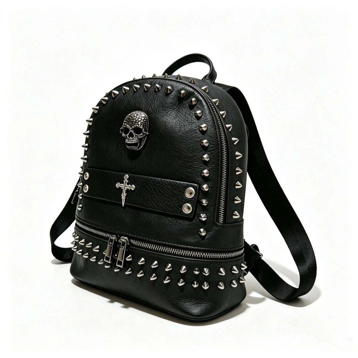 Original Design Punk Black Rivet Cross Backpack Skull Goth Locomotive Bag Fashion Leather Backpacks