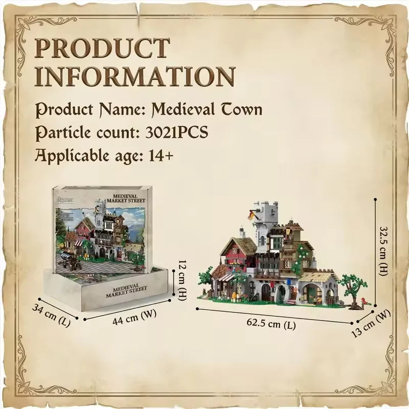 Medieval Market Street Building Set Retro View Architecture Modular Building Blocks Assembly Model Collect Adult Gift 3021PCS