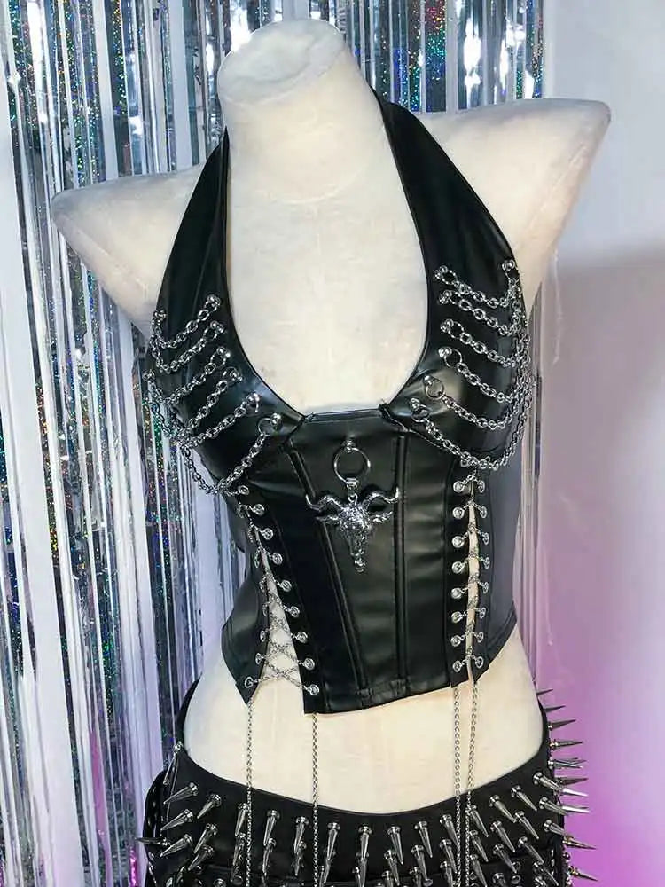 Y2K Cybergoth Gothic Corset Top for Women with Chain Tank Top Emo Clothing Grunge Style Cyber Punk Rock Rave Festival Bra Shirt