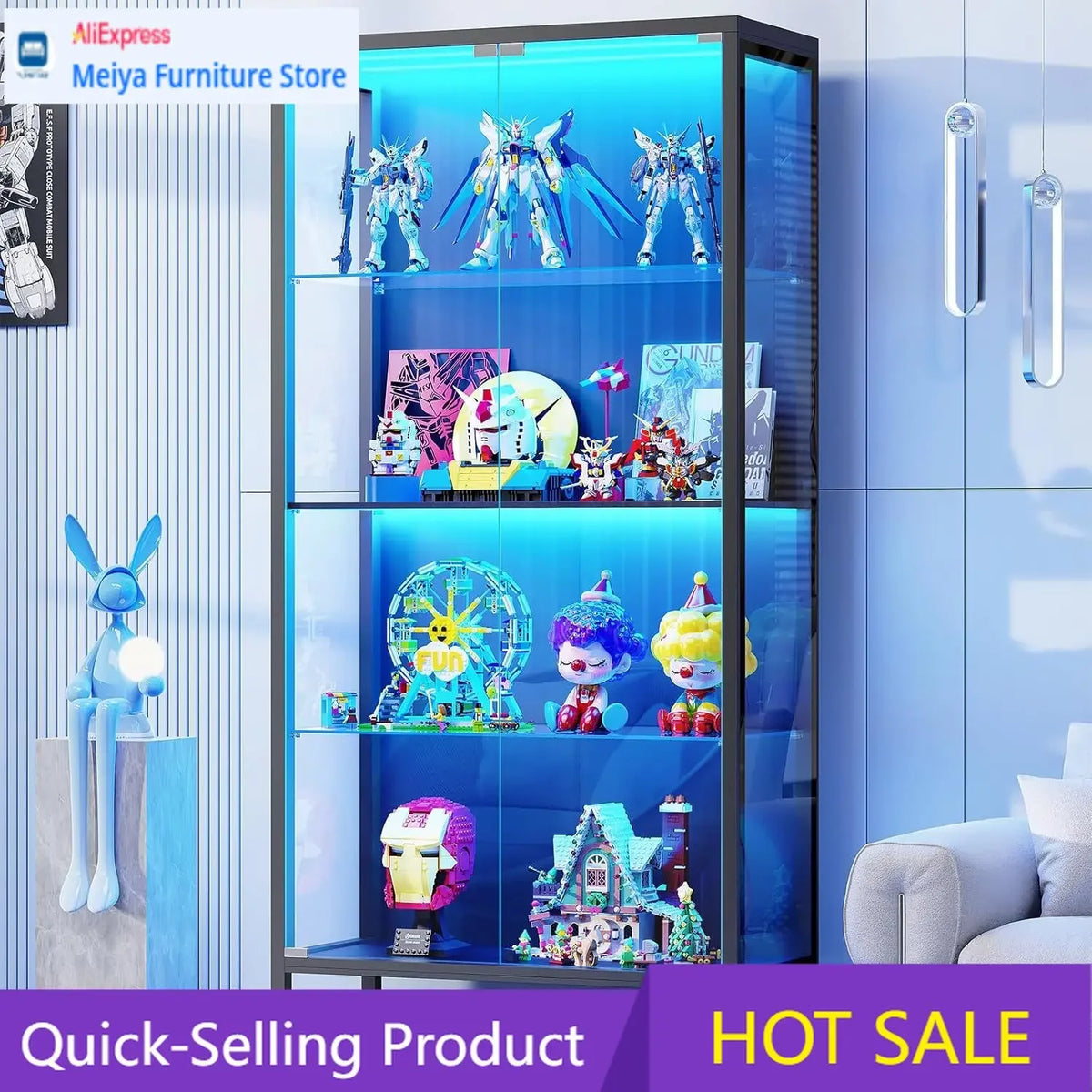 Black 4 Tier Glass Door Display Cabinet Curio Case With Motion Sensor Three Color Lights Adjustable Glass Shelves Storage Bookca