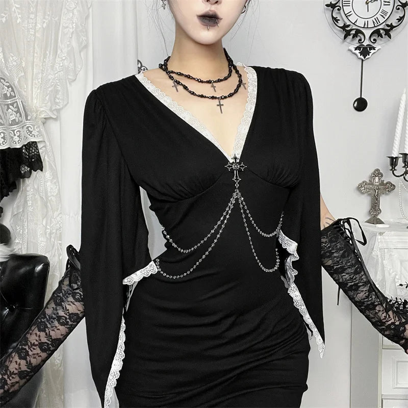 Goth Dark Harajuku Fashion Lace Splice V-neck Bodycon Dresses Mall Gothic Corss Chain Decor Mini Dress Alt Aesthetics Partywear