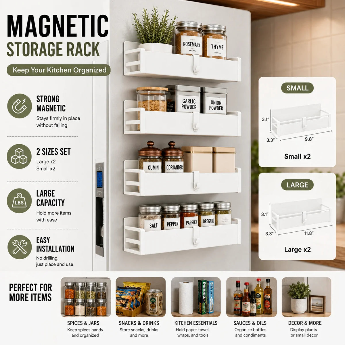 4 Pack Magnetic Spice Rack for Refrigerator, 2 Large & 2 Small Metal Fridge Side Organizer Shelves with Hooks, No Drilling Kitchen Storage Rack