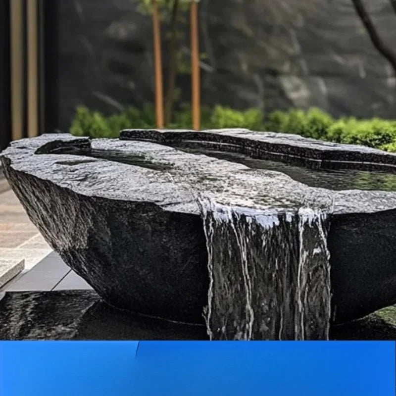 FZ  Black Mountain stone water bowl basin courtyard Chinese fountain stone carving water fountain garden  water feature