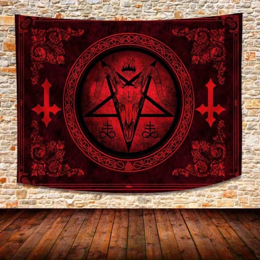 VIKAMA Baphomet Goat Head Tapestry, suitable for altar decoration. Ideal for living room or mystical bar decor.