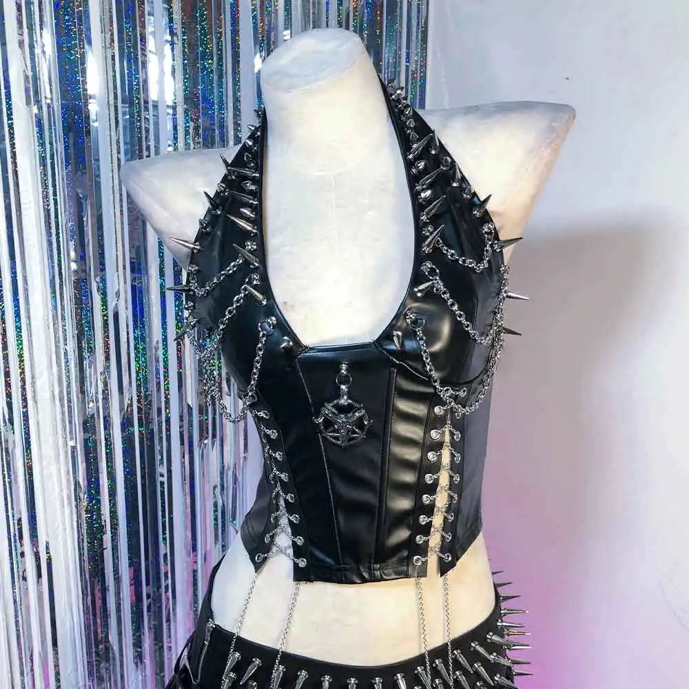 Hand Made Teen Chain Trendy Goth Grunge DIY Y2K TOPS Gothic Tank Eco Harajuku Kawaii E-Girls 90s Punk Rock Studded Rivet Emo