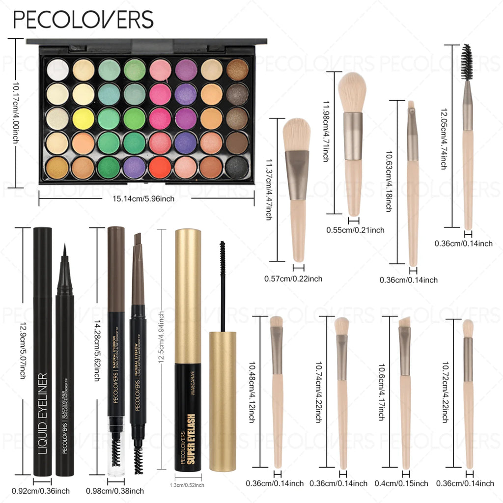 12PCS All-in-One Eye & Brow Makeup Set, 40 Shades Vibrant Color Eyeshadow Palette, Natural 3D Eyebrow Pencil, Quick-Dry Liquid Eyeliner, Volumizing Curling Mascara with Makeup Brushes, Waterproof Sweat-proof, Blendable Matte Shimmer Eyeshadow Kit