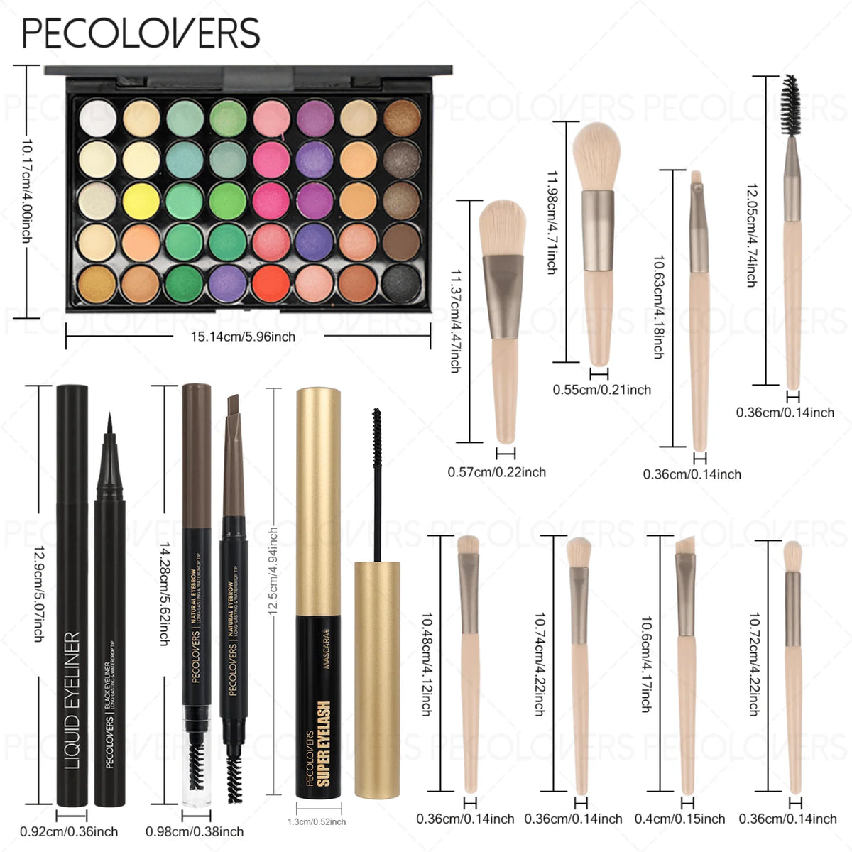 12PCS All-in-One Eye & Brow Makeup Set, 40 Shades Vibrant Color Eyeshadow Palette, Natural 3D Eyebrow Pencil, Quick-Dry Liquid Eyeliner, Volumizing Curling Mascara with Makeup Brushes, Waterproof Sweat-proof, Blendable Matte Shimmer Eyeshadow Kit