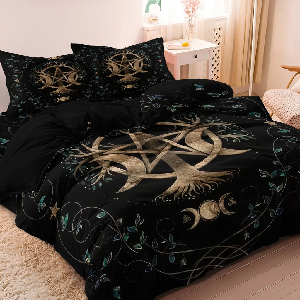 3pcs Tree Of Life, Pentagram, Triple Moon Phase,Green Vines And Leaves Digital Print Bedding Duvet Cover Set