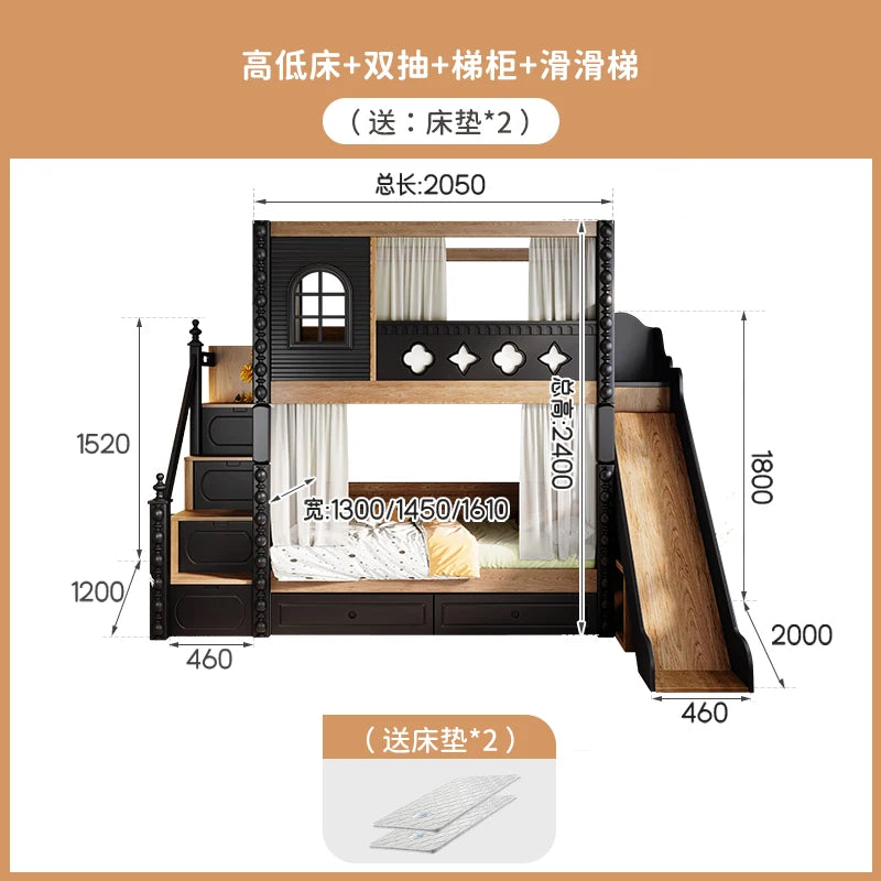 *-For Medieval style bed on and off the bed, double-layer all-solid wood upper and lower bunk thikened, high and low do no