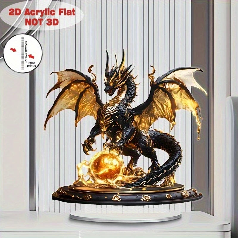 Retro Black Gold Fantasy Flame Dragon Acrylic Figurine Flat Home Desk Decoration Dragon Pattern Birthday Gift