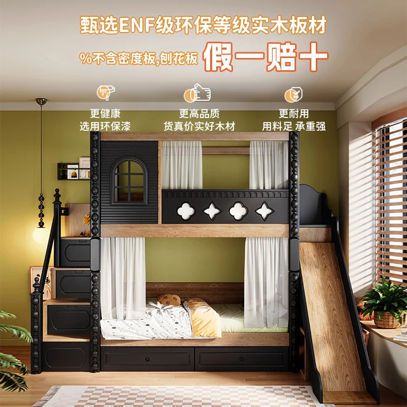 *-For Medieval style bed on and off the bed, double-layer all-solid wood upper and lower bunk thikened, high and low do no