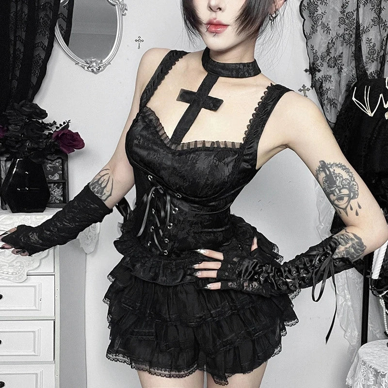 Goth Dark Mall Gothic Jacquard Print Sling Tanks Top Summer Kawaii Cross Bandage Crop Tops Y2K Lace Stitch Slim Vests Teachwear