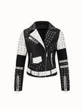 Luxury  Studded Leather Jacket, Motorcycle Slim Fit Punk Rock Women's Diamond Zipper Multi-Pocket Jacket zipper Coat Outwea