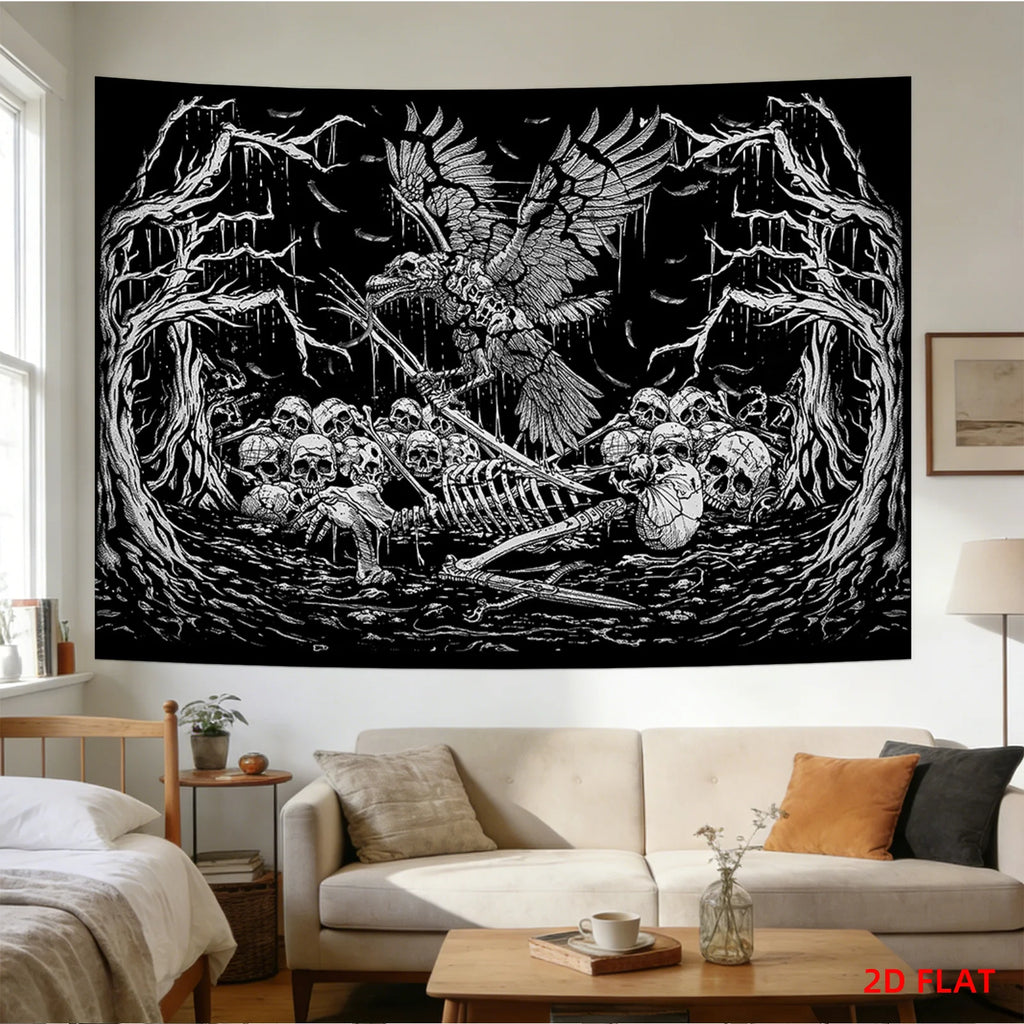 Gothic Skeleton Tapestry Wall Hanging Halloween Spooky Dark Academia Macabre Raven Skull Polyester Backdrop Decoration