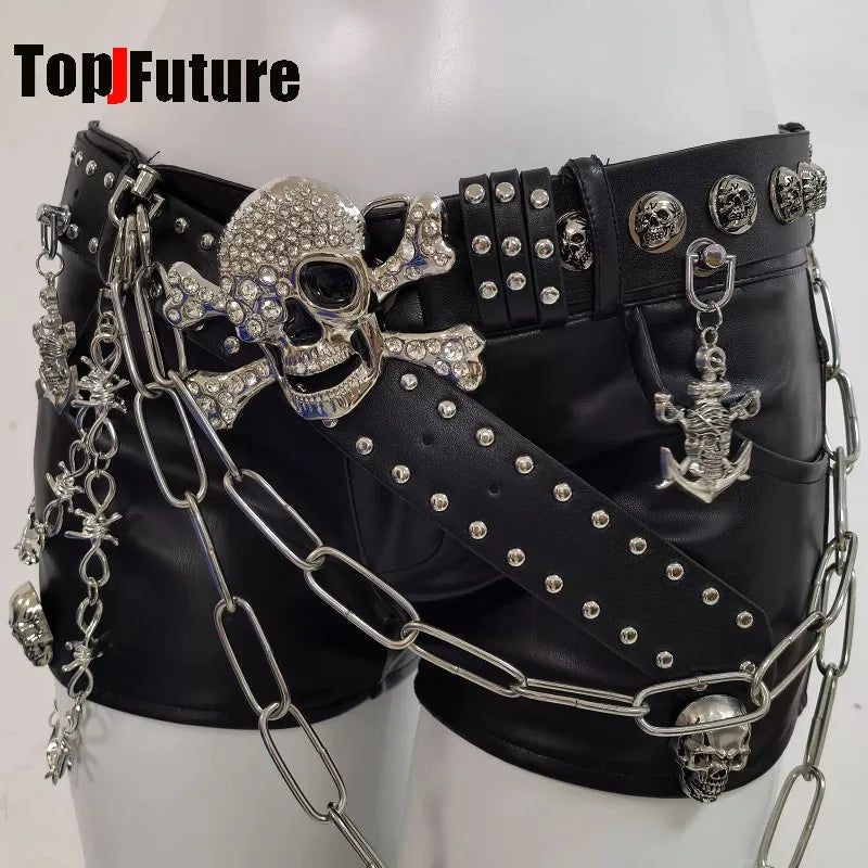 Y2K Spicy Girl Gothic Dark Punk Subculture PU Leather Shorts With Skull Chain Rivet Decor Niche Alternative Fashion Streetwear