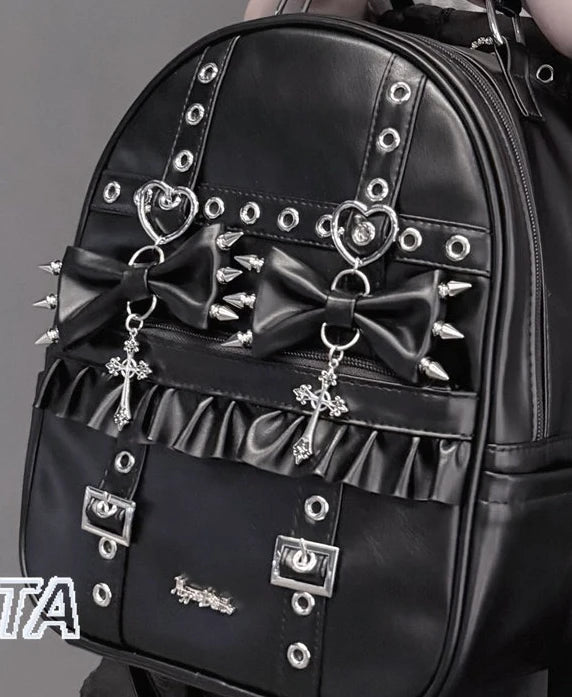 Dark Y2K Punk Autumn New Lolita Riveted Pleated Bow Backpacks Ladies Subculture Goth High Street Personality Bag Black Bag Women