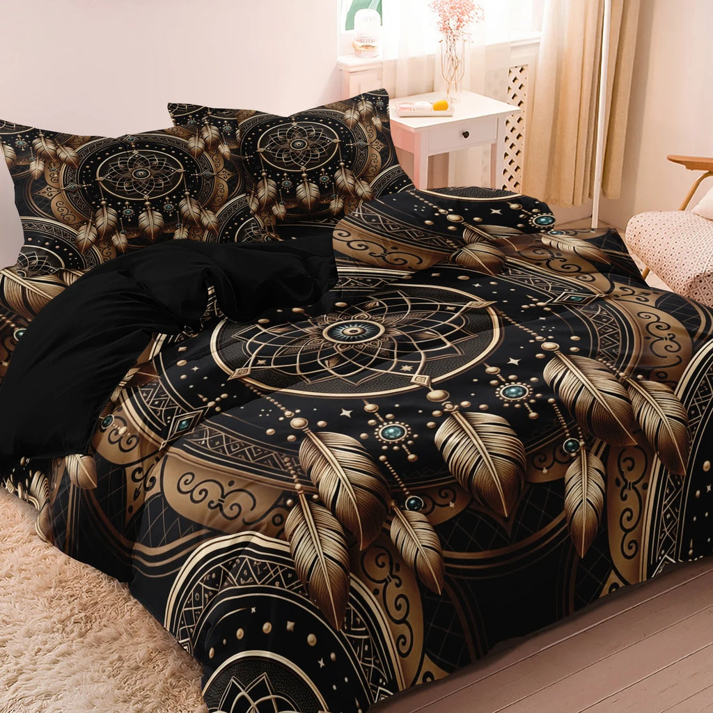 3pcs Dreamcatcher Feather Tribal Duvet Cover Bedding Set, Western Bead Print (1 Duvet Cover + 2 Pillowcases ) For Home & Dorm