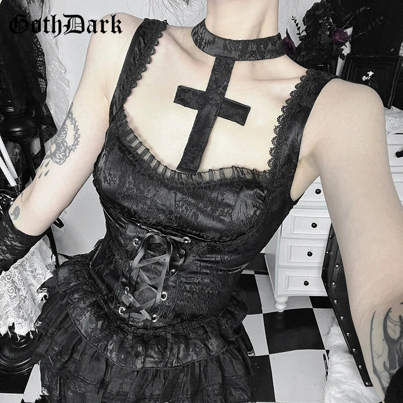 Goth Dark Mall Gothic Jacquard Print Sling Tanks Top Summer Kawaii Cross Bandage Crop Tops Y2K Lace Stitch Slim Vests Teachwear