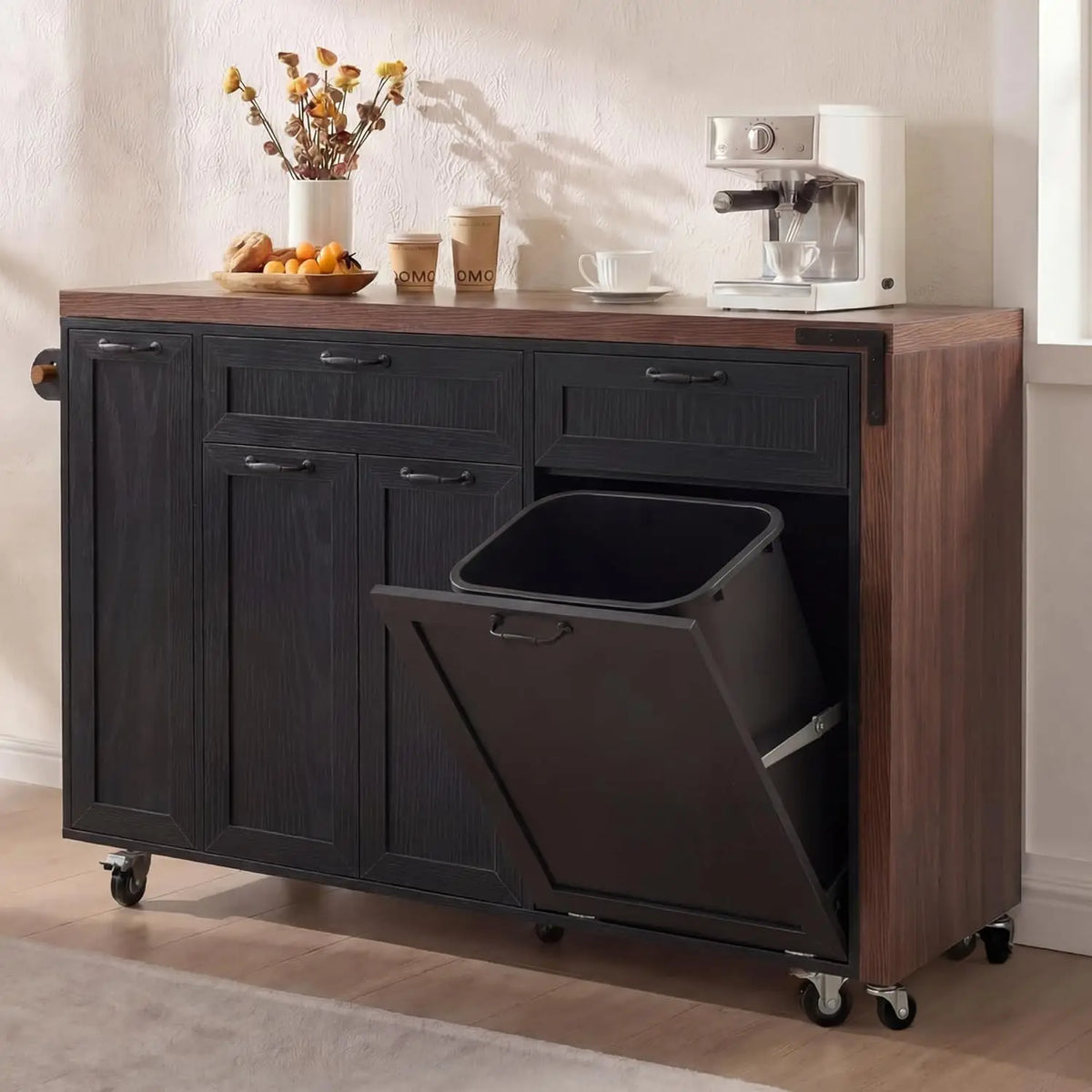 102.3'' Kitchen Island with Extendable Dining Table for 2-4, Rolling Kitchen Island with Trash Can Storage,, Customized