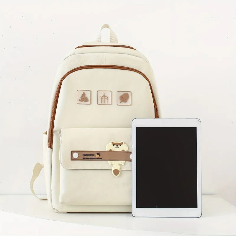 Simple Versatile Solid Color Women's Student Backpack Large Capacity Casual Canvas 5pcs Set Backpacks