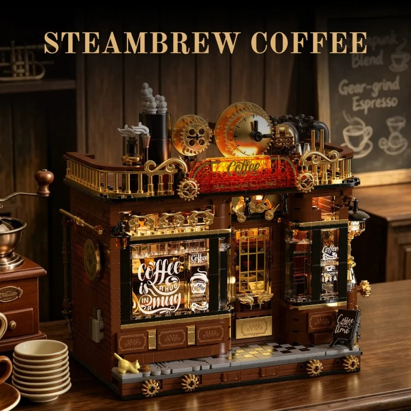 Steampunk Café Building Block Set, Double-Decker Openable Street Scene House Model, High-Difficulty Adult Assembly Toy and Desk