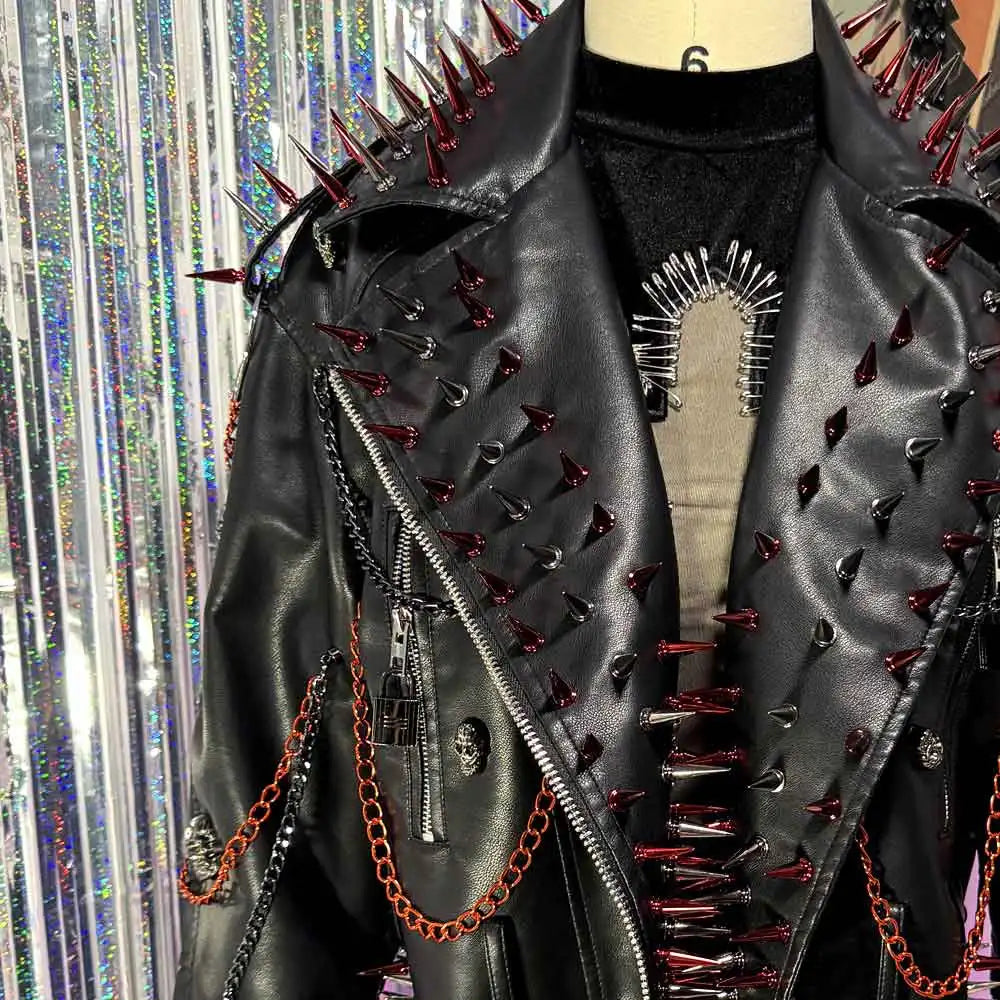 Women's Y2K Gothic Black PU Leather Jacket Spiked Boho Emo Punk Rock Grunge Rave Festival Coat with Spikes for Teens