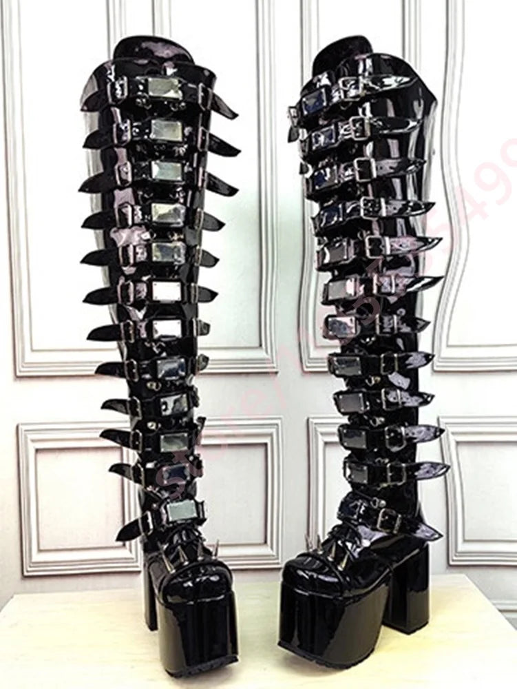 Women's Black Patent Leather Knee-High Boots 2026 New Spiked Rivet Super High Platform Boots Belt Buckle Gothic Punk Party Boot