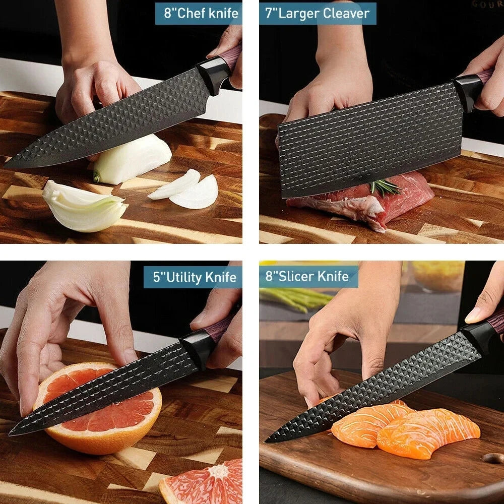 Professional 6-piece kitchen knife set hammer-textured sharp cutting blade meat and salmon slicing knife, kitchen cooking knives