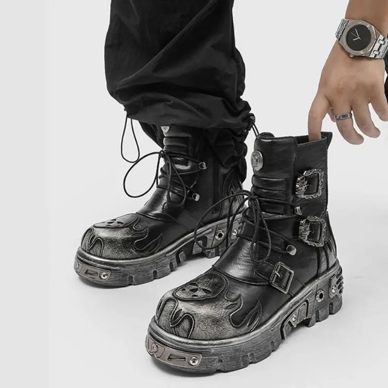 Punk Gothic Style Motorcycle Boots Men Classic Retro Metal Rock Western Boots Outdoor Male Workwear Platform Ankle Boots