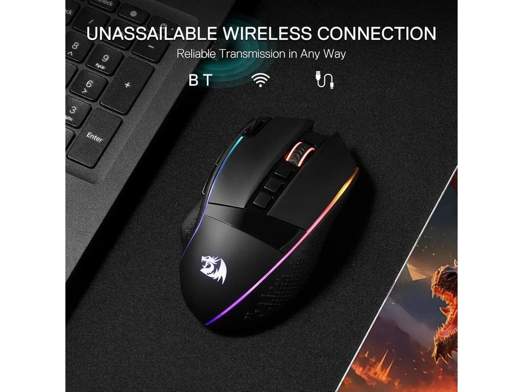Redragon M991 Wireless Gaming Mouse, 26000 DPI 3-Mode Gamer Mice w/Rapid Fire Key, 9 Macro Buttons, Powerful Capacity and RGB Backlight for PC/Mac/Laptop
