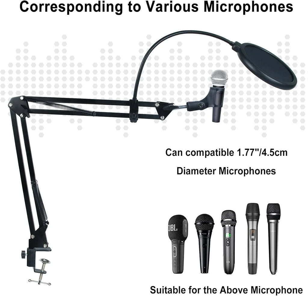 Universal Microphone Stand Kits Microphone Suspension Scissor Boom Arm with Pop Filter for Shure SM7B SM58 AM8 A8 A6V K658 Mic