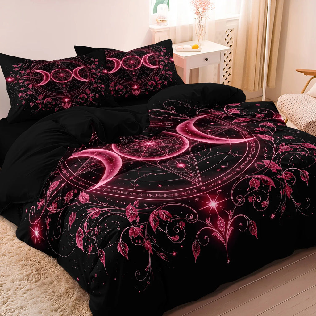3pcs Set Gothic Triple Moon Starry Duvet Cover, Delicate Purple Botanical Mandala Bedding,  For Themed Hotel & Dorm Decoration