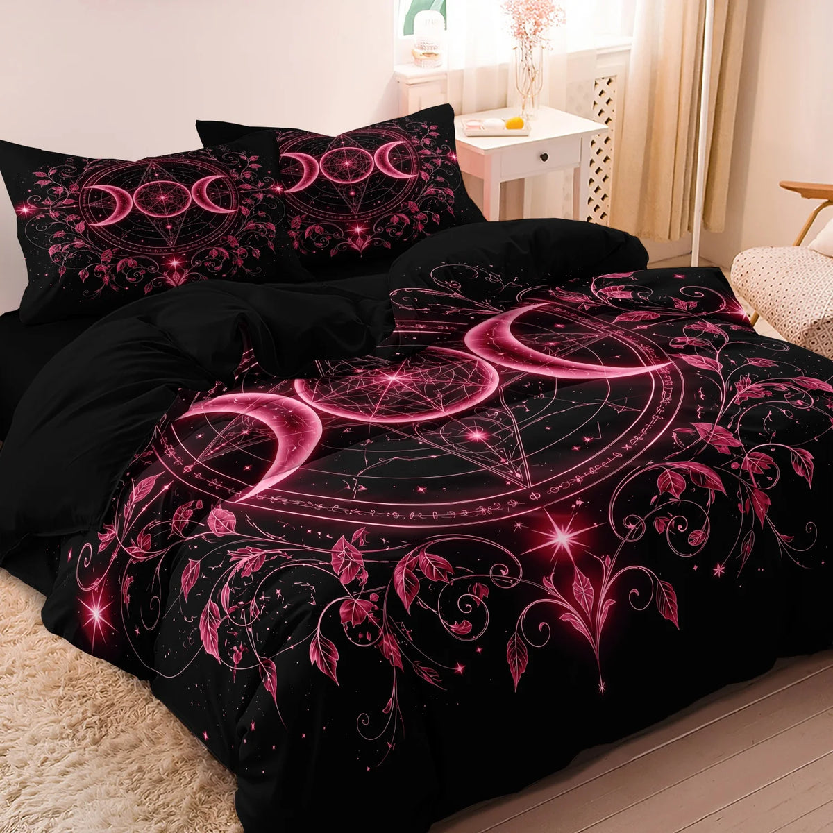 3pcs Set Gothic Triple Moon Starry Duvet Cover, Delicate Purple Botanical Mandala Bedding,  For Themed Hotel & Dorm Decoration