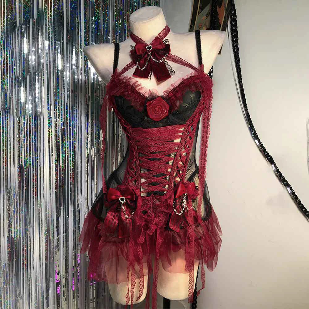 Red Y2K Gothic Dress for Women Lace Emo ALT Grunge E-Girls Lolita Ball Gown Rave Festival Cyber Punk Rock Star Goth Clothing