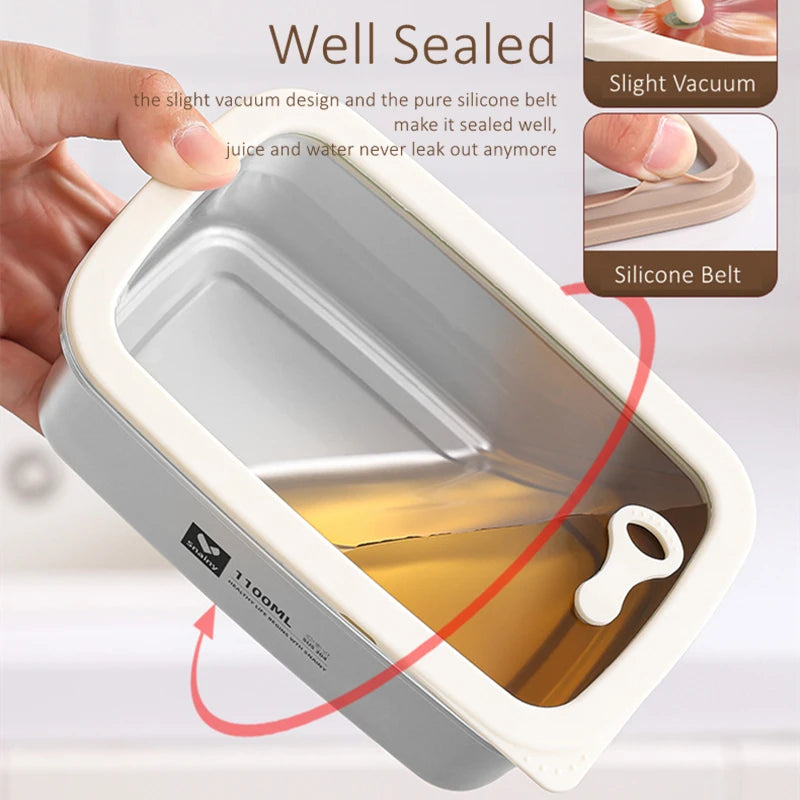 Snainy Pure 304 Stainless Steel Kitchen Fridge Oganizer Micro-vacuum Preservation Crisper Microwave-safe Glass Cover Bento Box