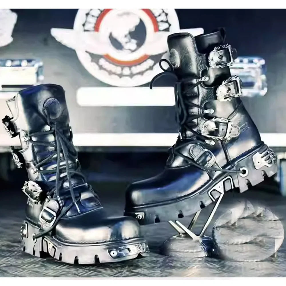 Men's Fashion Genuine Leather Motorcycle Boots Goth Skull Punk New Unisex Mid-calf Cowboy Boots Metallic Combat Boots